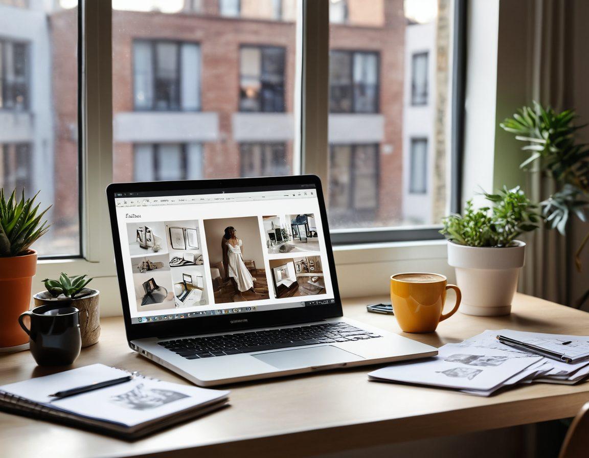 An elegant workspace featuring an open laptop displaying a digital model portfolio, surrounded by visually striking photographs of diverse models. Include a stylish coffee cup, a notepad with sketches, and soft sunlight filtering through a window. All elements harmoniously arranged to convey creativity and professionalism. chic, super-realistic, vibrant colors.