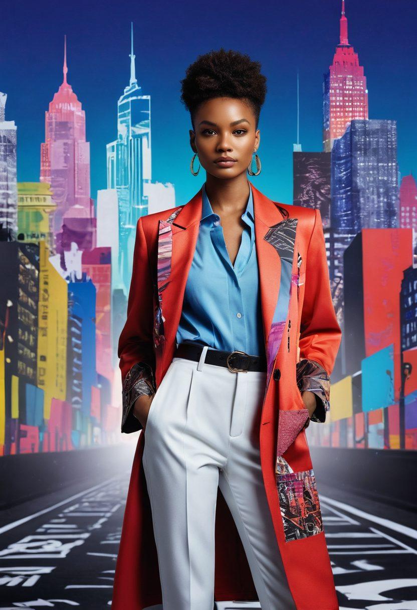 A stylish fashion model posing confidently on a runway, surrounded by a dynamic collage of fashion sketches and branding elements like logos, fabric swatches, and iconic fashion accessories. The background features a vibrant city skyline, symbolizing the fashion industry. The overall tone is empowering and innovative, encapsulating the essence of building a personal brand in modeling. bold colors. modern illustration. high contrast.
