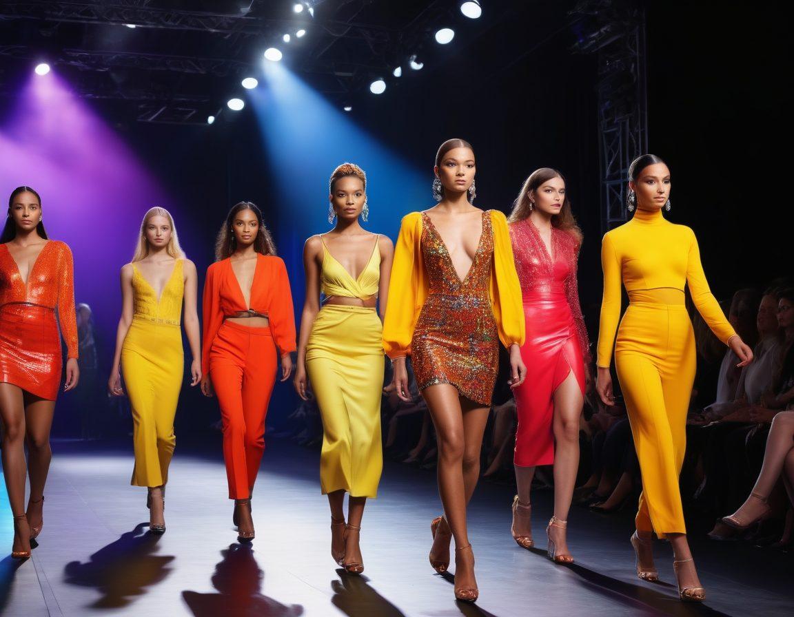 A diverse group of confident models strutting down a glamorous runway, showcasing bold and vibrant fashion designs. In the background, casting call scenes with stylists and photographers capturing the moment, highlighting the journey from auditions to the runway. The atmosphere is lively and energetic, with an audience in awe. Colorful lights illuminate the runway, enhancing the vibrant fashion. super-realistic. vibrant colors. 3D.